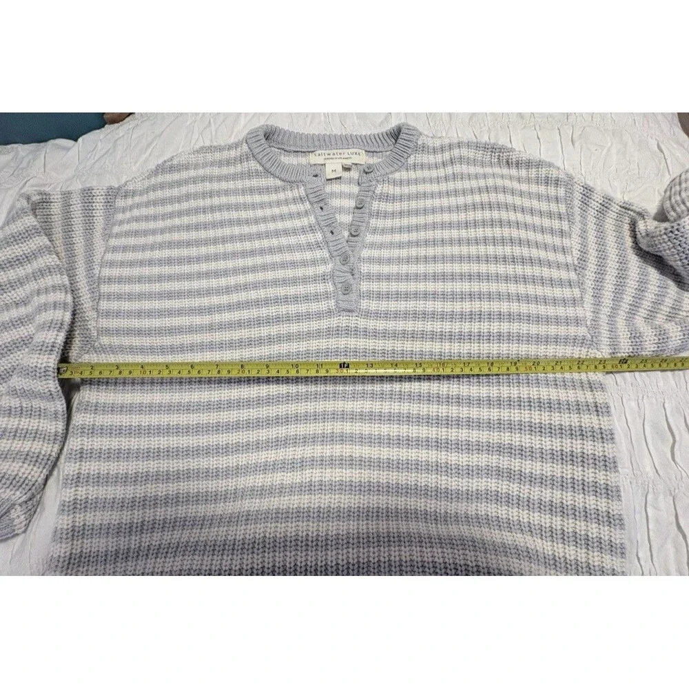 Anthro Saltwater LUXE Leilani Soft Rugby Sweater Sky Blue Ivory EUC Coastal